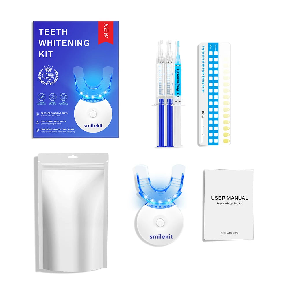 Kit de blanchiment des dents – Blanchiment des dents à lumière LED 5X avec 35% de peroxyde de caramide, plateaux buccaux, 3 gel réparateurs et étui à plateau